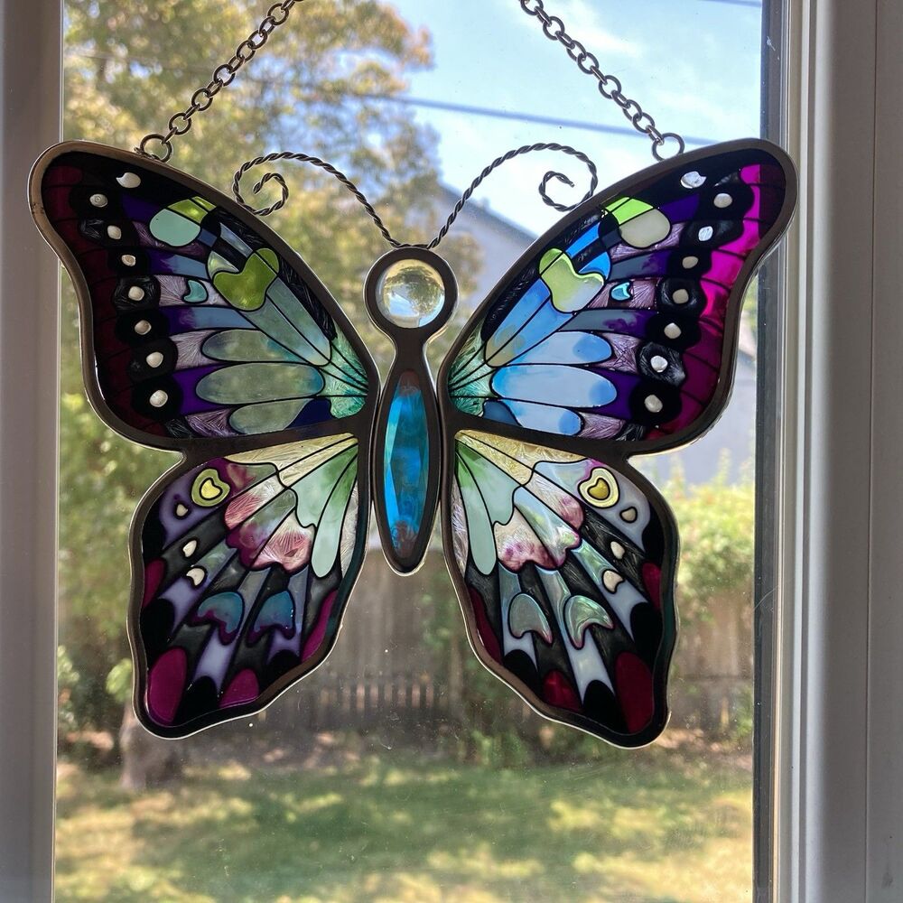 AMIA Studios Butterfly Handpainted Stained Glass Suncatcher Purple Green Blue